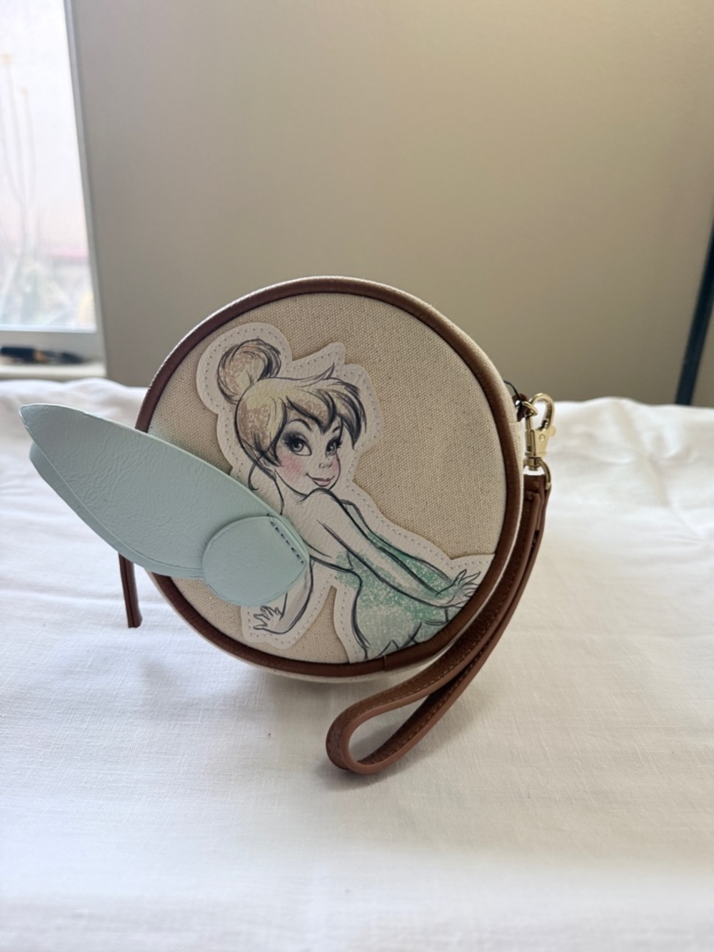 Round Canvas Wristlet with Tinker Bell Graphic - Beige & Brown